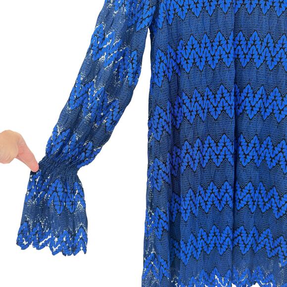 Free People NWT Simone Blue & Black Lace Long Flounce Sleeve Mini Dress - Picture 9 of 16